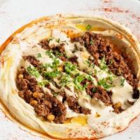 Hummus Moroccan Beef · Hummus with Moroccan spiced ground beef and pine nuts (gf)