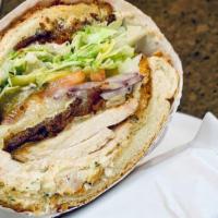 12. Just Joshing · Free-range chicken breast, bacon, brie, lettuce, tomato, pickles, onions, pepperoncini, Godf...