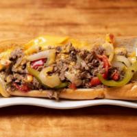 Philly Cheese · Sirloin steak, American cheese, grilled onions & peppers.
