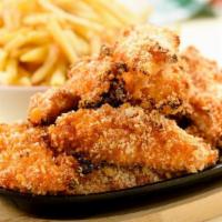 Chicken Strips · House-made, free-range chicken breast tenders. Served with fries or fruit.  Comes with a cho...