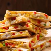 Chicken Quesadilla · Grilled flour tortillas filled with shredded chicken and shredded cheese.