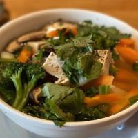 Vegetarian Pho · Vegetarian. Tofu, mushrooms, and vegetables in vegetable broth. Garnishes of bean sprouts, l...