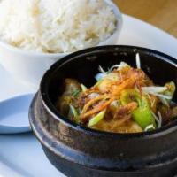 Caramelized Claypots · Choice of catfish or shrimp, served with jasmine rice, brown rice, and an optional fried egg.