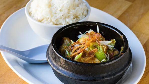 Caramelized Claypots · Choice of catfish or shrimp, served with jasmine rice, brown rice, and an optional fried egg.