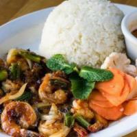 Tamarind Shrimp · Served with jasmine rice, brown rice, and an optional fried egg.