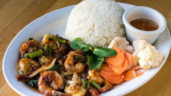 Tamarind Shrimp · Served with jasmine rice, brown rice, and an optional fried egg.