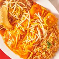 Two Enchilada Platter · One or two corn tortilla filled w/ choice of meat, topped w/ enchilada sauce & cheese.