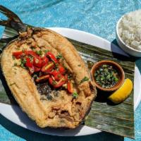 Daing na Bangus · boneless milkfish marinated in palm vinegar, garlic & spices, cherry tomato, scallions, cila...