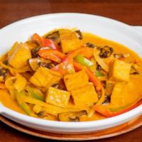 Tofu & Shroom Adobo · coconut vinegar, hodo soy, garlic, onion, bell pepper, shrooms, coconut milk and a side of r...