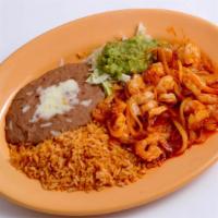 Camarones al Mojo de Ajo · Shrimp sautéed with our garlic and onions, served with guacamole, rice, refried beans, and y...