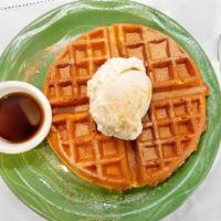 Churro Waffle · Belgian waffle dipped in cinnamon and sugar. Served with vanilla bean ice cream on the side