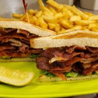 BBLT · Bacon, lettuce, tomato and more bacon served on toasted white bread.