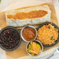 Burrito · Flour tortilla, refried pinto beans, Spansih rice, onions, cilantro, avocado, served with ja...