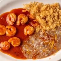 85. Camarones a la diabla · Shrimp sautéed in spicy sauce.