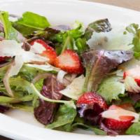 Misticanza · Vegetarian. Organic greens, strawberries, red onions, Parmigiano, balsamic dressing.