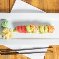 Rainbow Roll · Tuna, salmon, shrimp, avocado over California roll with tobiko.
