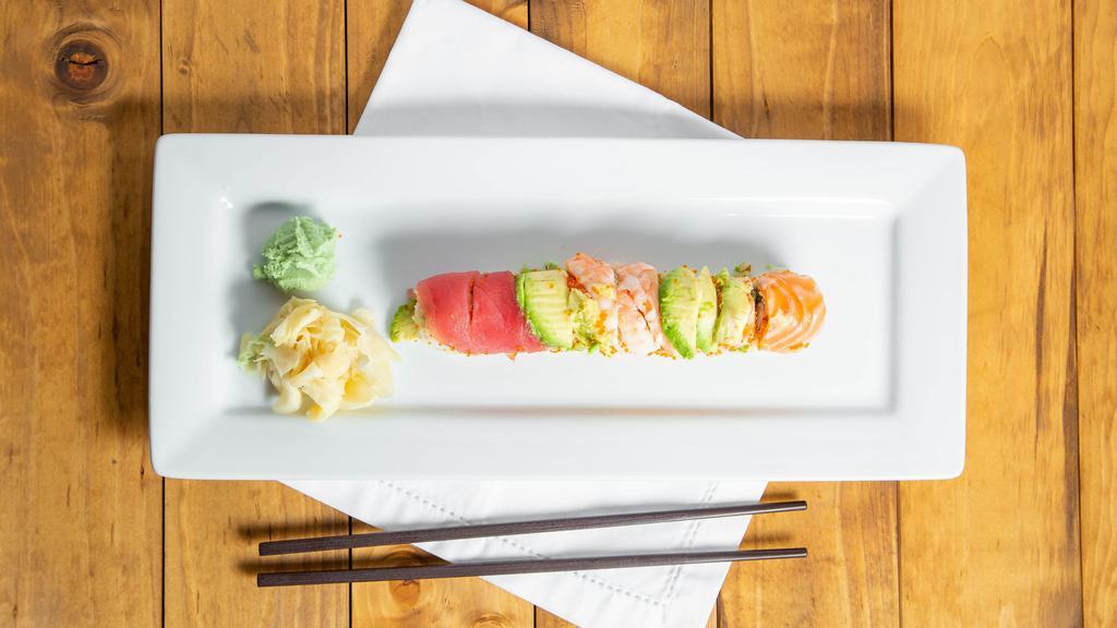 Rainbow Roll · Tuna, salmon, shrimp, avocado over California roll with tobiko.