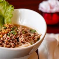 Thai Spicy Noodle Soup · Spicy. Rice noodle with ground chicken or ground pork, bean sprouts, peanuts, scallions, cil...