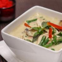 Green Curry (with Rice) · Vegetarian, whats good. Green coconut curry with eggplant, green beans, bell pepper, basil a...