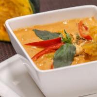 Pumpkin Curry (with Rice) · Red coconut curry with kabocha squash, bell pepper, basil and served with rice