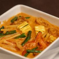 Red Curry (with Rice) · Vegetarian. Red coconut curry with bamboo shoots, green beans, bell pepper, basil and served...