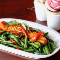 Spicy Salmon Green Bean a la Carte · Spicy. Stir fried salmon with green beans, jalapeño, bell pepper, chopped chili, garlic and ...