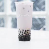 Taro Pearl Milk Tea · Hot available.