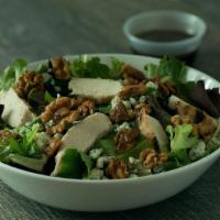 Chicken Walnut Salad · Mixed Baby Greens, candied walnuts, chicken, gorgonzola with our own Balsamic dressing