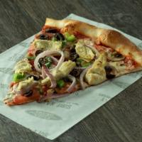Veggie · Roma tomatoes, mushrooms, red onions, black olives, bell peppers,and marinated artichoke hea...