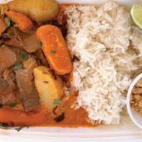 Red Curry Steak (Spicy) · Garlic-Soy Steak, Potatoes, Carrots, Spicy Red Coconut Curry, Fresh Herbs, Lime & Fried Shal...