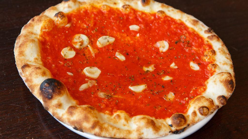 Gluten-Free Marinara Pizza · tomato sauce, garlic, oregano, extra virgin olive oil. A Neapolitan classic. No cheese.
