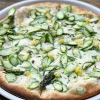 Gluten-Free Asparagus Pizza · preserved lemon, garlic, tarragon, grana padano