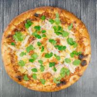 Mother Clucker Pizza · Memphis BBQ sauce, smoked gouda, mozzarella, oven-roasted chicken breast, red onions, pineap...