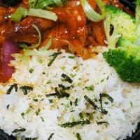 Spicy Chicken with Rice  · Spicy chicken in Korean style sauce, serve with broccoli and rice.