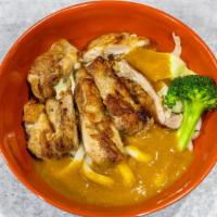 Curry Chicken Udon  · Curry and grilled chicken with Japanese rice noodles.