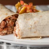#2 Regular Burrito · Four tortilla, rice, pinto beans, salsa fresca (pico de gallo) tomatoes, onions, cilantro, s...