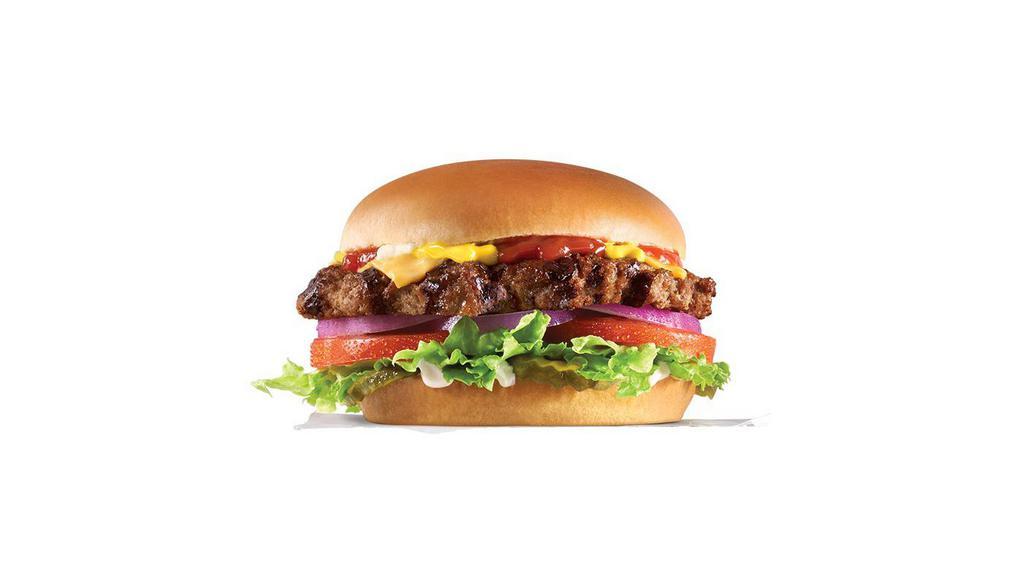 Double 1/3 Lb. Original Thickburger® · Two 1/3 lb. char-broiled Angus Beef patties, melted American cheese, lettuce, two slices of tomato, red onions, pickles, mustard, mayonnaise, and ketchup, served on a premium bun.
