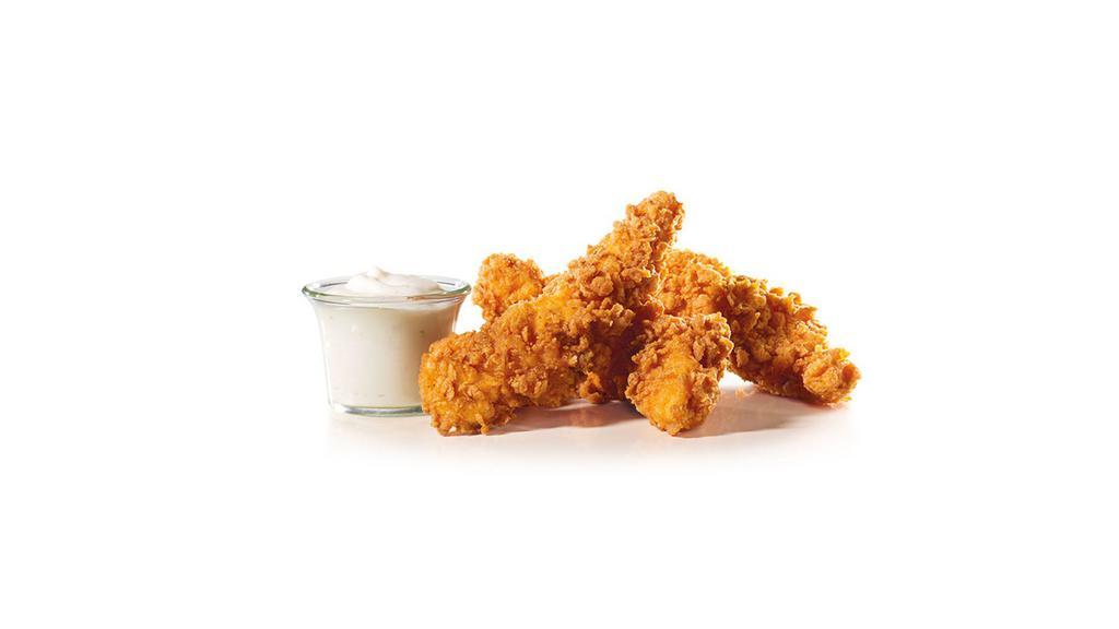 Hand-Breaded Chicken Tenders (3 Pieces) · Freshly prepared hand-breaded chicken tenders. Premium, all-white meat chicken, hand dipped in buttermilk, lightly breaded, and fried to a golden brown. Served with a choice of honey mustard, buttermilk ranch, or sweet and bold BBQ dipping sauces.