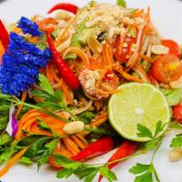 Papaya Salad · shredded green papaya, tomatoes, green beans, carrots, lettuce roasted peanuts, Thai garlic-...