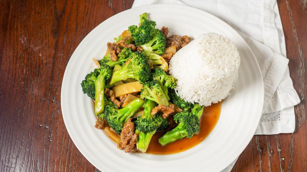 Broccoli Beef · Sliced tender beef sauteed with broccoli and bamboo shoots.