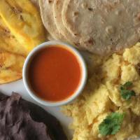 Desayuno Chapin · Traditional breakfast of guatemala, fried or scrambled eggs, cream, fresh cheese, bananas, c...