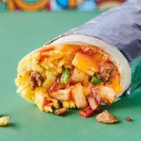 Vegarito · Breakfast burrito stuffed with scrambled vegan eggs, potatoes, plant-based protein, sautéed ...