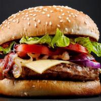 Bacon Cheeseburger A la carte · Crispy bacon pieces topped on juicy beef patty, slices of red tomatoes, red onions, lettuce,...