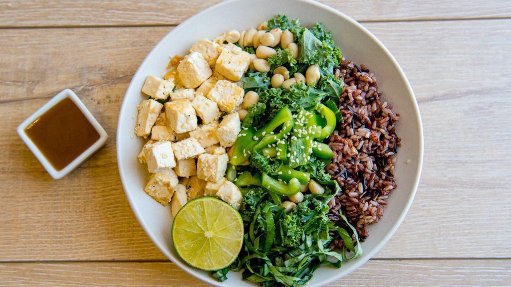Thai Sesame Peanut · Mixed greens,sauteed mushrooms, charred peppers, basil,roasted peanuts, sesame seeds, peanut dressing, lemon wedge. Served with a base of your choice and either chicken or roasted sesame tofu. (Gluten-Free & Vegan)