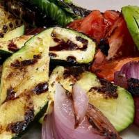 Grilled Farmers Market Veggie Plate · Mushroom, corn, zucchini, asparagus, red onion, avocado, carrots, spanish olive oil, maldon ...