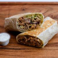 Lamb and Beef Shawarma Wrap · Stir-fried shredded lamb and beef marinated in lemon, olive oil, and spices.