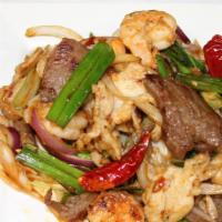 Mongolian 3 Kinds · Spicy. Prawns, beef, chicken sauteed with onions.