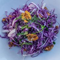 Organic Red Cabbage Salad · Jicama, Basil and Walnuts with a Gluten Free Vinaigrette.