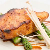 BBQ Sea Bass · Filet of Sea Bass Marinated in Miso and Baked to Perfection, Served with Zucchini and Soy Be...