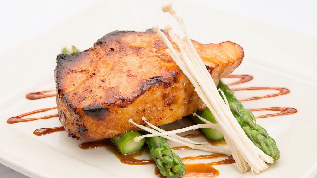 BBQ Sea Bass · Filet of Sea Bass Marinated in Miso and Baked to Perfection, Served with Zucchini and Soy Beans
